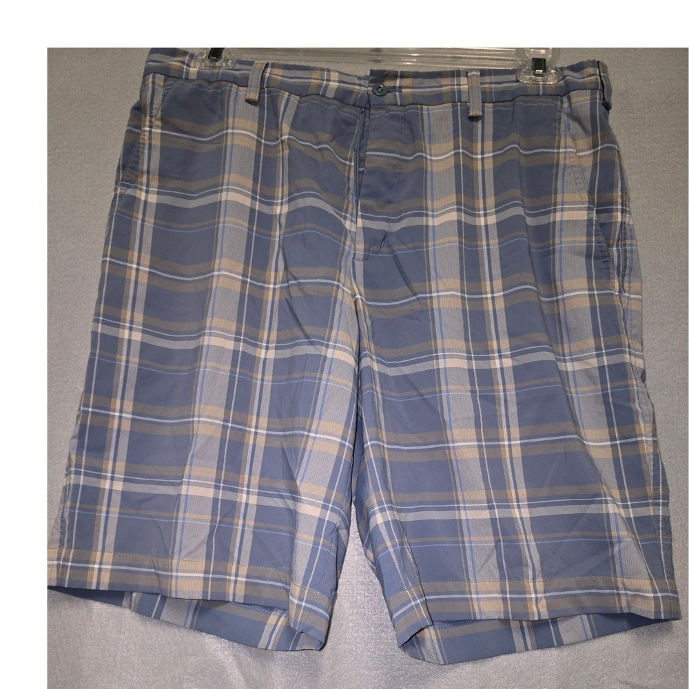 Nike Golf Plaid Shorts Men 34 Blue Beige Flat Front Dri Fit